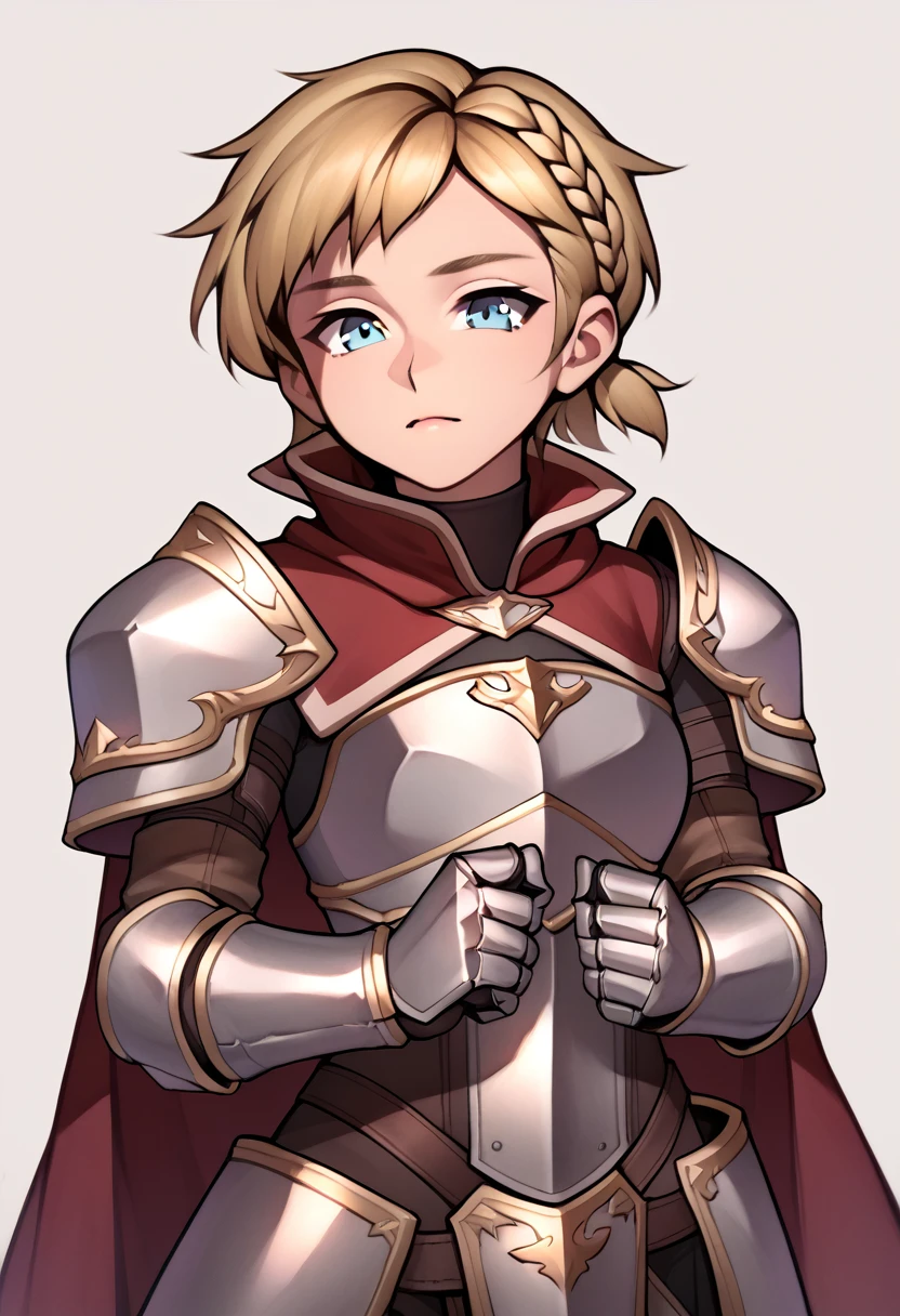 score_5_up, score_6_up, score_7_up,
1girl, solo, hand_on_own_chest, wearing oversized armor, shoulder armor, high_collar, short blonde hair, braid, blue eyes, red capelet, gauntlets