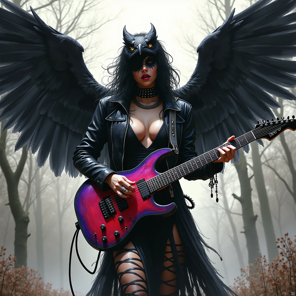 black and white japanese comic, distant shot, full body, attention, crow with  woman's body and crow's face, large black wings, black leather jacket: 1.4, eyes, dark and torn, ((only 1 dark woman crow and malevolent underworld, tight and torn leather clothing, black leather jacket, beautiful muscular body, fierce expression, holding a Fender Stratocaster guitar in his right hand(red and purple colors: 1.3), standing in a desolate park, dramatic lighting , intense shadows, gritty texture, high contrast, vibrant colors, dynamic pose, powerful stance, rough background, explosive atmosphere, dystopian theme, surreal elements, digitally painted illustration, high definition resolution, intricate details, dramatic composition, avant-garde and chaotic brush strokes , gothic style, intense emotions, epic scale, raw and gritty feel, captivating and  artwork...