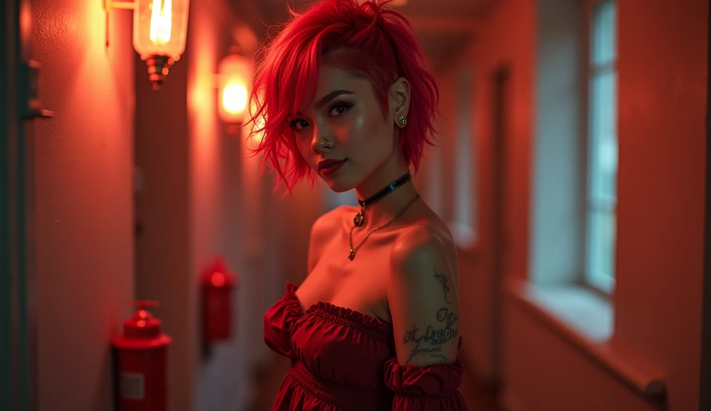 (best qualityer, ultra detali, photorrealistic: 1.39), bright and vibrant colors, studio lighting, romantic expression, short jeans, Strapless dress, platinum undercut, Red hair, breasts small, adjusting, shorth hair, mercenary, sorriso sexy