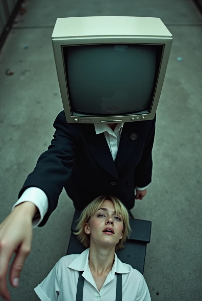 Generates an image in which a TV Woman a woman with a television head wearing a uniform of a white shirt and a large black jacket and the boy is unconscious on the floor the girl has a television head . Who is taking a selfie with Katsuki, a blond boy passed out on the concrete ●_● The blond boy is unconscious on the floor