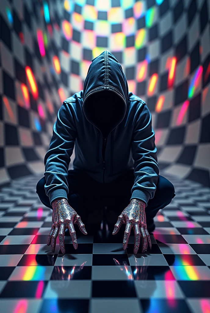a checkered pattern of black and white squares with a rainbow gradient flowing through the squares seeming to shift and bend, silhouette of a hooded ethereal figure face obscured with rainbow metallic outstretched claws, metallic and glossy, vibrant iridescent shimmering hues that shift and change depending on angle, gossamer iridescent detailed 