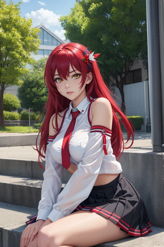 sitting, 
masterpiece, best quality, high quality, highres, outdoors, day, upper body, looking at viewer, solo, focused, BREAK, 
ANIME_Scarlet_Fairchild_HxH_ownwaifu, 
1girl, long hair, breasts, medium breasts, yellow eyes, red hair,
skirt, long sleeves, bare shoulders, school uniform,  detached sleeves, necktie, hair ornament, 
