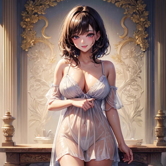 (Highest quality, masterpiece: 1.3), : 1, sexy: 1.5, Bob Hair, Brown Hair: 1.3, (Wet body: 1.2), Nightgown, beautiful, Cleavage, Ultra detailed face, Detailed lips, Detailed eyes, double eyelid, sexy, smile, beautiful Legs attractive vagina Massive Squirting