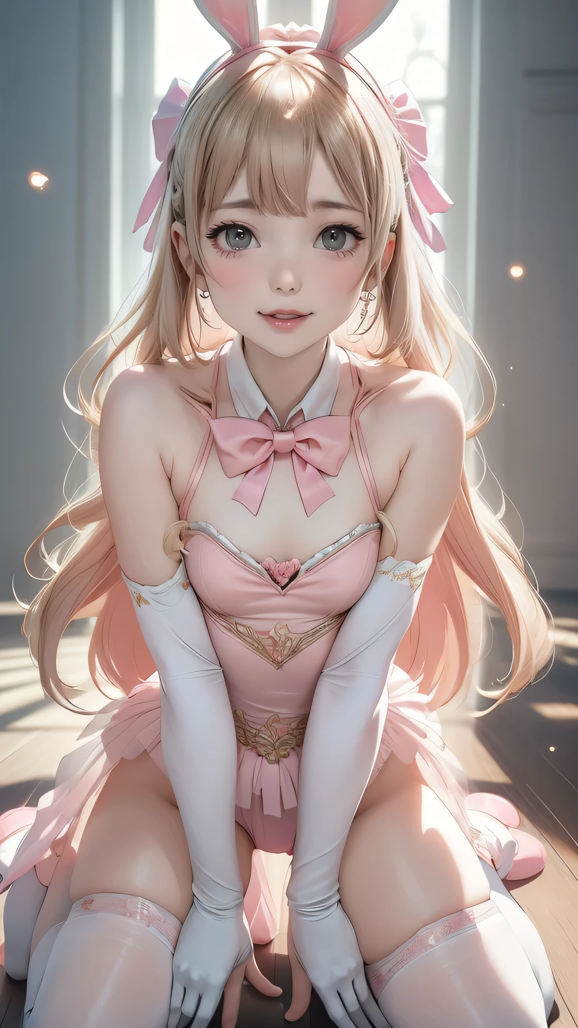 masterpiece, best quality, extremely detailed CG unity 8k wallpaper, (Upper Body head close-up shot of a beautiful ***********), Wendy, Elegant Long straight blonde hair, (Mckenna Grace), ((flat chest,thighs)), ((pink-Cyan)) golden ((Glittering tutu,long Bunny Ear Headgear, glove, Bow-tie, zettai ryouiki)), ((Kneel,all fours,from below)), (Blush), oil skin, (seductive smile), (Wonderland), pretty face, key art, award winning, intricate detail realism hdr, by (ruan jia and artgerm and range murata), Photorealism, Hyperrealism, ultra realistic, dramatic light, intense shadows, gorgeous view, depth of field