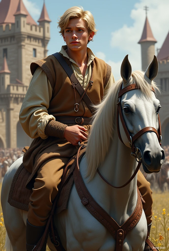 Drawing
Young white man, blond hair and sweet face, with a brown medieval peasant outfit, on grey horse in a medieval decor