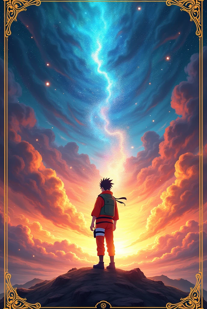 Background of Naruto official art cards, bright colors, stars, light, golden frame at the corners