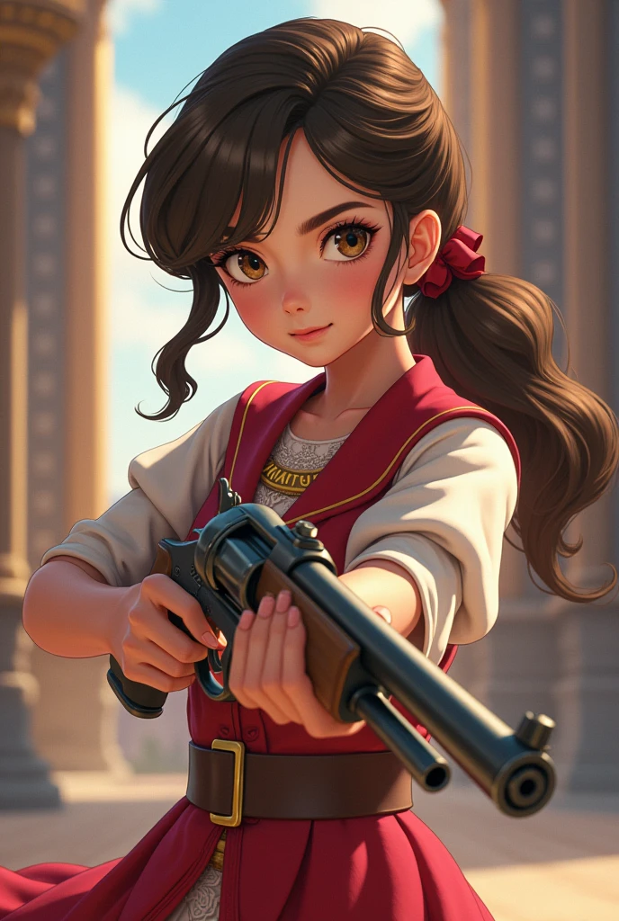 A cute ager from Damn Anastasia with a gun in anime style