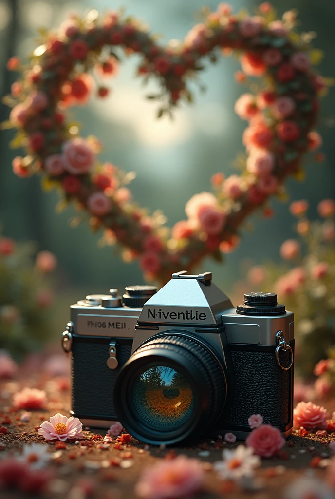 camera with lens being an eye that in the background sees a vintage style heart/ Kuno.