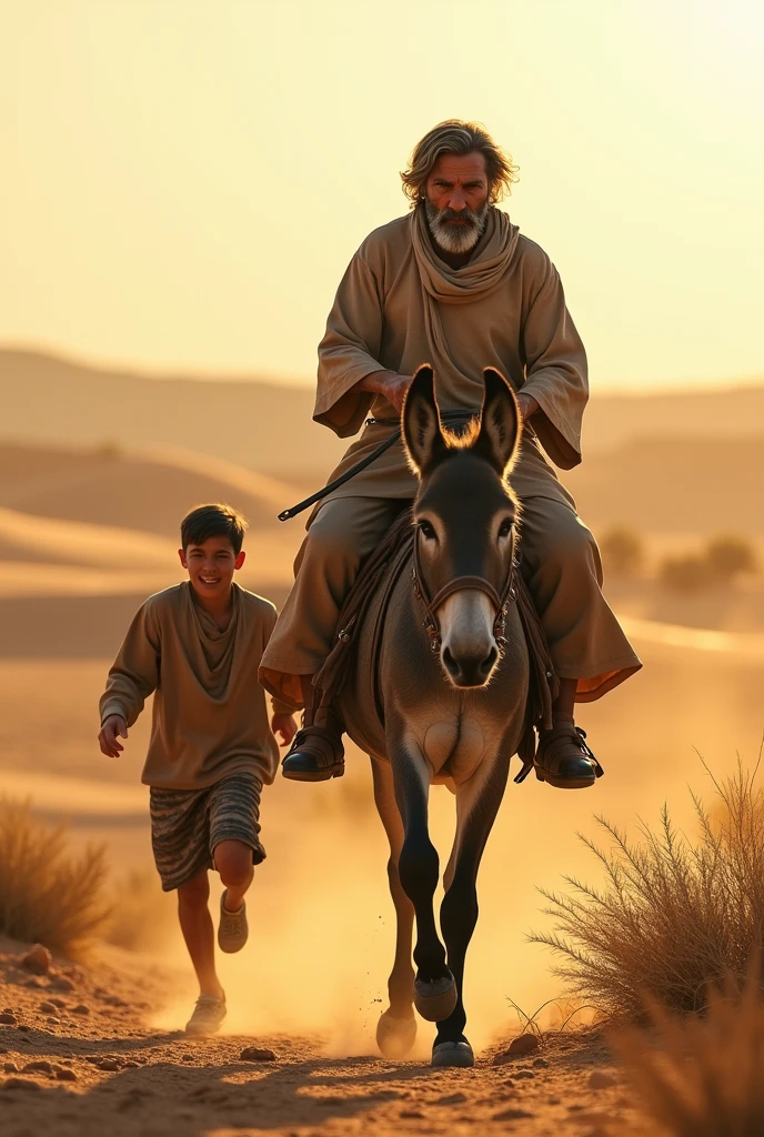 Father alone on donkey while son runs beside him in the desert