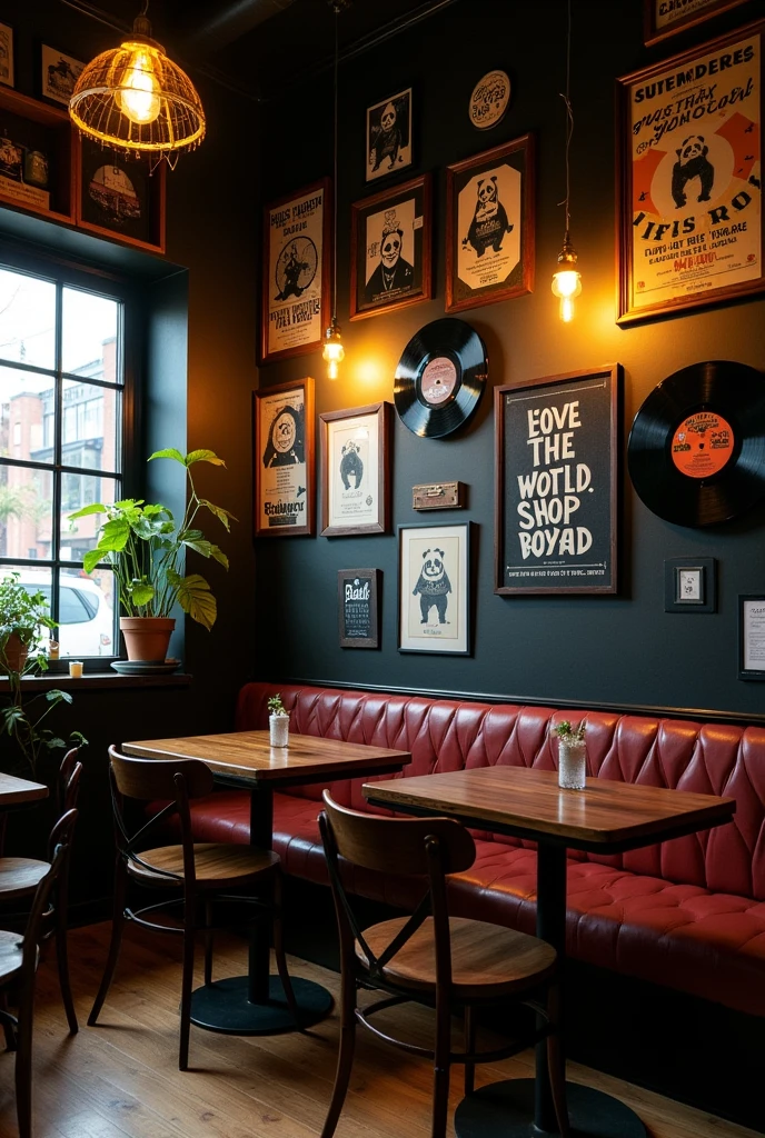 I need you to design me the image of a small coffee shop, of two tables, rock n roll style, pictures of pandas, with lots of decoration, original and creative. I need the decoration, simple but cozy. And the cafeteria must be in black, yellow lights and a flat screen TV. On the black walls I want vinyl with white phrases.