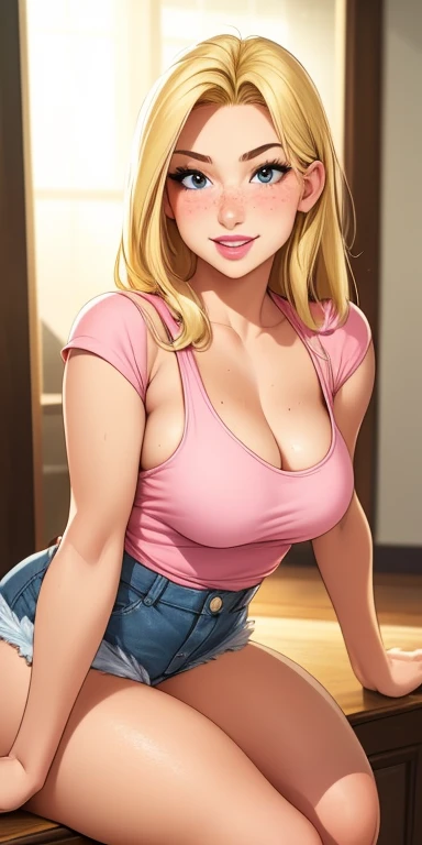 Beautiful round medium breasts, 1girl, ((Blonder hair, Beautiful straight hair, Hair parted on the right side)) ((Girl, cute girl face)) light azuis eyes, has an beautiful sensual body with freckles, with full breasts and thin waist, HIP HOP Beautiful and cute Denim shorts, tank top with short sleeves, tight, fabric delicate, has a bold appearance. young, quality, realistic, best quality, cute expression, pink lipstick lips, Cute smile, Sitting on the stairs, beautiful house in the background