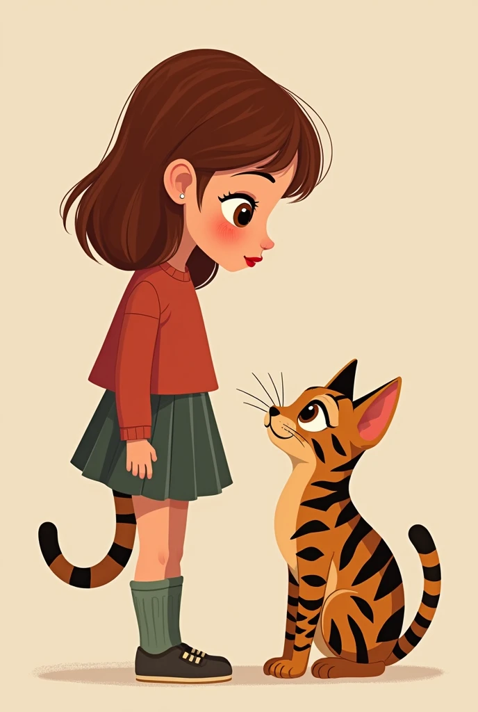 Animated design Brunette girl with 80k oval face, shoulder length hair, mahogany red hair, brown black eyes, thick red lips, nose piercing, next to his Bengal tabby cat staring at each other
