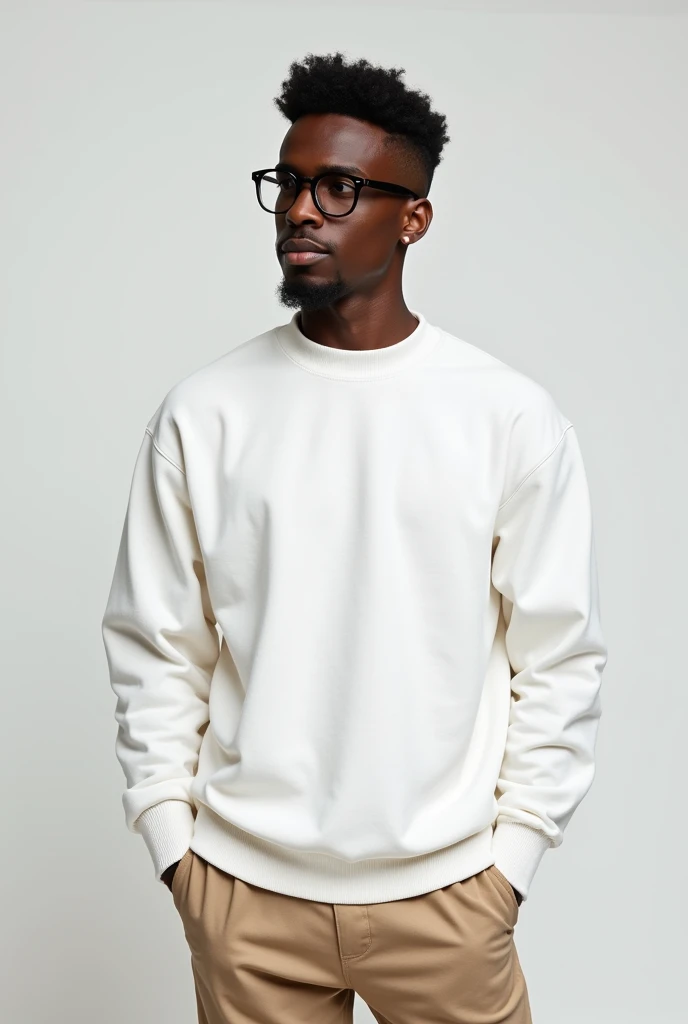 best qualityer:1.4), (ultra high resolution:1.2), (photorrealistic:1.6), (8k, CRU photo:1.2), a 20 year old dark skinned young man. Haircut with shaved sides and short top. He is wearing a white long-sleeved, high-neck sweatshirt.. beige social pants. Black Round Prescription Glasses. Camera focuses on the face. Standing in a photo studio with a white background. he is Brazilian