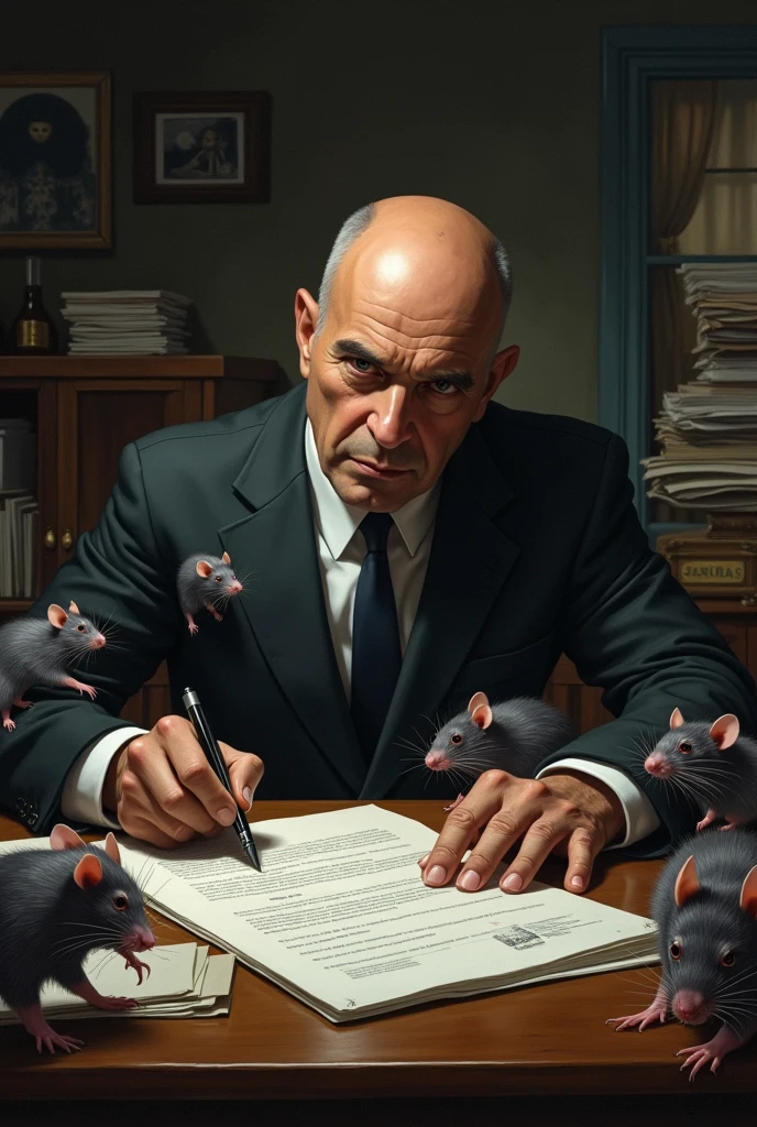Create an image of Minister Alexandre de Moraes, bald, signing documents while sitting and having lots of rats on the table