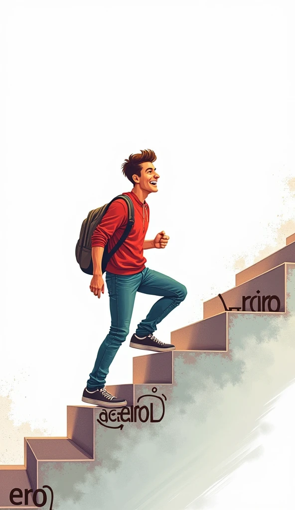 Cheerful 27 year old man, climbing a staircase to the "target", on each step of the staircase is written "erro" and "acerto" in digital art, comic style, white background