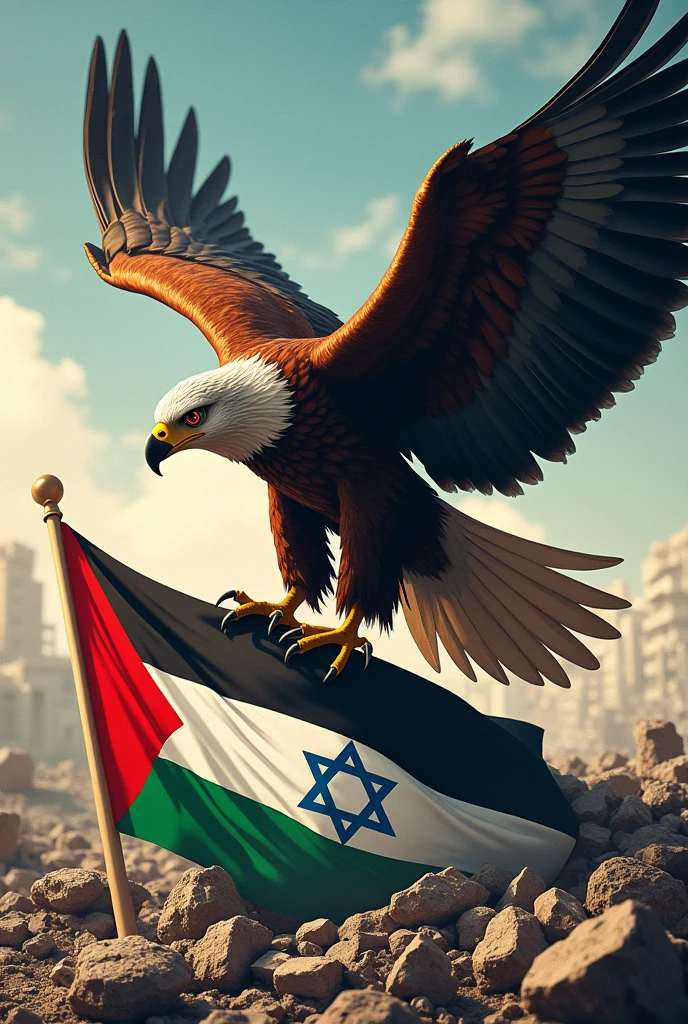 Palestine poster, of a Steppe Eagle with the flag of Palestine, Rising from the ashes and trampling on the flag of Israel, on top of the rubble of a city. 