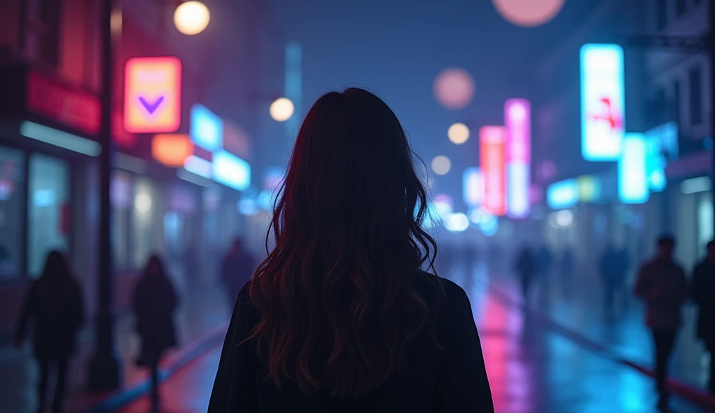 Create a realistic, atmospheric cover photo for a music video. The scene is a city at night with neon lights reflecting off wet streets, creating a dreamlike, moody ambiance. Include a beautiful girl standing or walking on the street, dressed in a stylish outfit that blends with the neon colors. She should have a contemplative or wistful expression, capturing the song’s dreamy and introspective vibe. Surround her with blurred city lights, a glowing moon, and silhouettes of buildings. Incorporate a mix of dark blues and purples with splashes of neon colors to evoke a shoegaze and synthwave aesthetic. Add subtle hints of abstract, ethereal shapes in the background to suggest movement and rhythm. The overall vibe should be both mysterious and captivating, with a balance of vibrant and shadowed elements