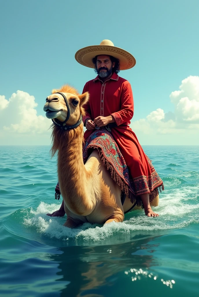 Man dressed in red with a Mexican hat riding a camel in the middle of the sea