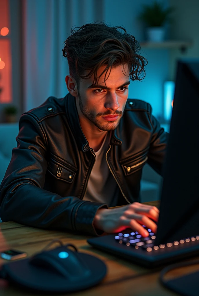 Young man in biker clothes playing on his PC