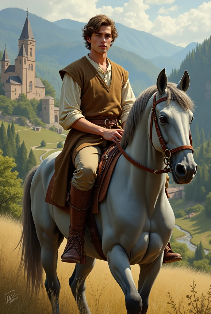 Drawing
Young white man, hanzel hair and sweet face, with a brown medieval peasant outfit, on grey horse in a medieval decor