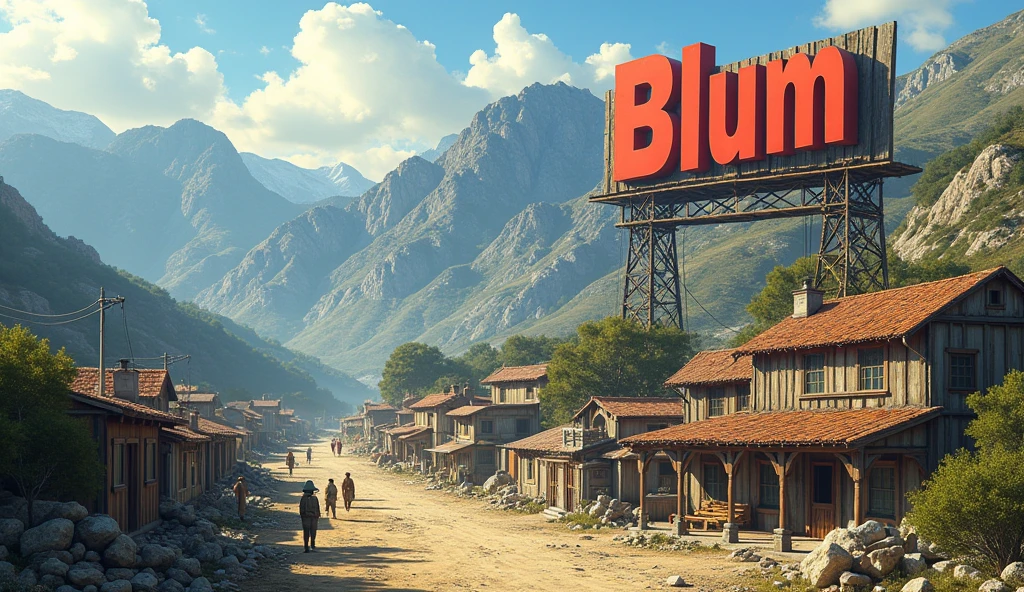  The village is small people in it there is construction in the mountains The word Blum is like Hollywood but the word BLUM is Huge 