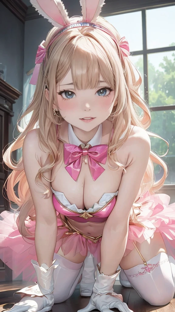 masterpiece, best quality, extremely detailed CG unity 8k wallpaper, (Upper Body head close-up shot of a beautiful ), Wendy, Elegant Long straight blonde hair, (Mckenna Grace), ((flat chest,thighs)), ((pink-Cyan)) golden ((Glittering tutu,long Bunny Ear Headgear, glove, Bow-tie, zettai ryouiki)), ((Kneel,all fours,from below)), (Blush), oil skin, (seductive smile), (Wonderland), pretty face, key art, award winning, intricate detail realism hdr, by (ruan jia and artgerm and range murata), Photorealism, Hyperrealism, ultra realistic, dramatic light, intense shadows, gorgeous view, depth of field