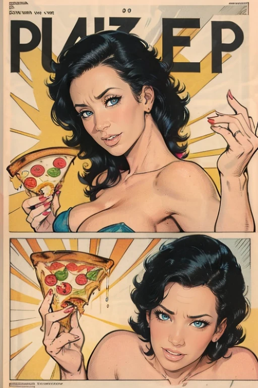 Vintage 1960's retro art printing, Poster of a sexy, Glamorous pin-up girl, small breast, perfect face, symmetrical face, French face, sensual face, mischievous smile,pizza,1960's pin-up style,