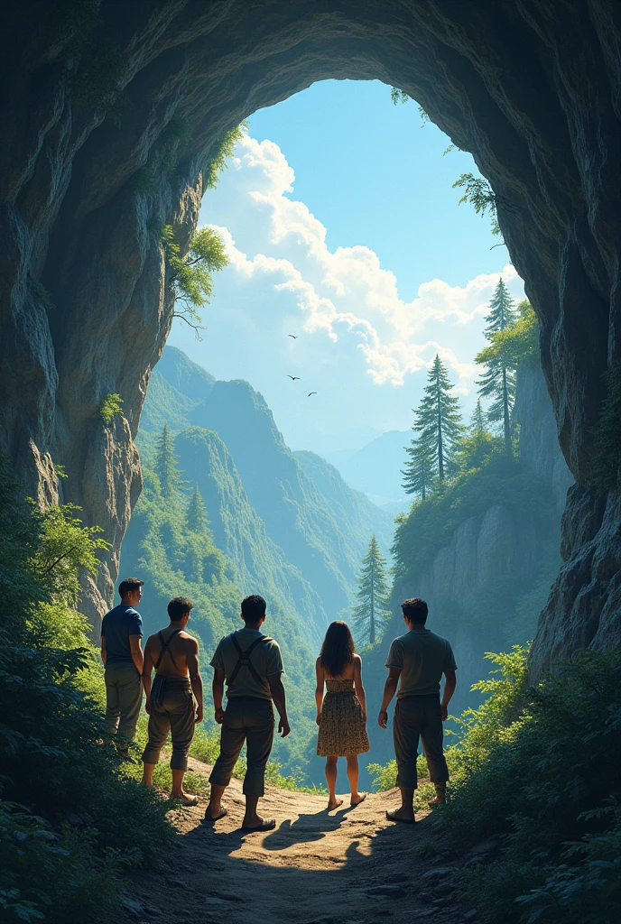 Create a scene where 5 men and 1 woman are about to enter a cave, watching her from afar and from behind, the cave a few meters from them with a beautiful landscape and tall trees, without having entered it
