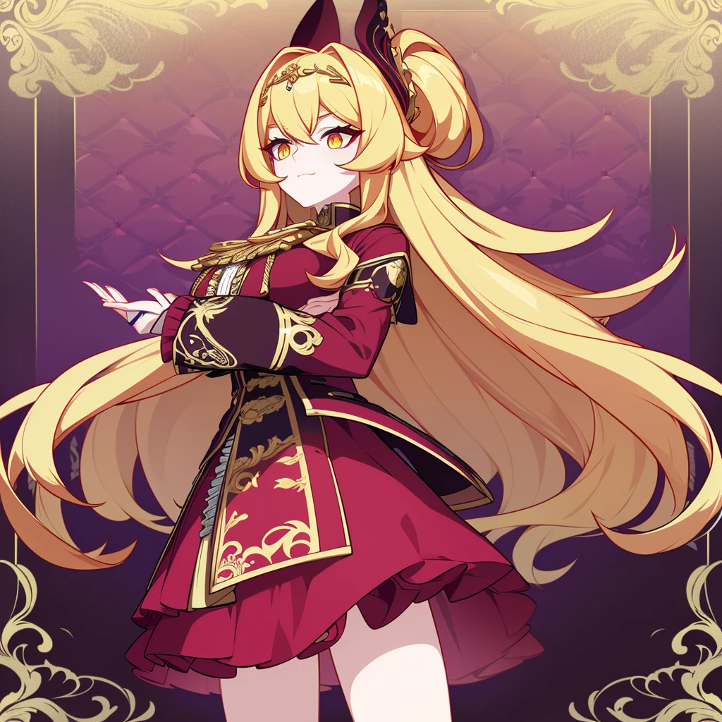 long  hair, fluffy hair, blondie hair, yellow  eyes, x-shaped pupils. She is wearing a complex and detailed outfit. The costume has a predominantly purple and red color scheme with gold accents.. The top is a purple jacket with gold trim., puffed sleeves fitted at the wrists and high collar. There is an intricate gold design on the front of the jacket. under, there appears to be a white blouse with ruffled edges showing beneath the jacket. The lower part of the outfit includes a red asymmetrical cut skirt., shorter in the front and longer in the back, resembling the design of a tailcoat. The skirt has elaborate gold patterns that match those on the jacket.. There is also an under layer to the skirt that is dark purple or black with similar ornate patterns.. The character&#39;s legs are adorned with thigh-high boots that are red on the bottom and purple on the top., matching the costume colors. The boots have gold embellishments on the top and heels.. Furthermore, holding sword, katana,