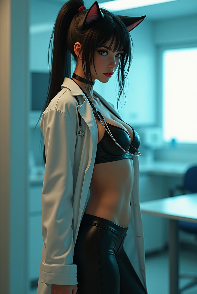 tmasterpiece,Best quality,A high resolution,8K,(Portrait),Head close-up,Original photo,digital photography,(Female scientists in sci-fi style),20岁女孩,random hair style,By bangs,(Purple Eyes),(Green hair),A plump chest,cleavage,Elegant and noble,Serious and indifferent,Open white coat,Red suspender bra,rich details,Keep your mouth shut,exposing your navel,Intricate ornaments,Cyberpunk futuristic style,(Female scholars),Photo pose forrest backgrounid,oc render reflection texture nude