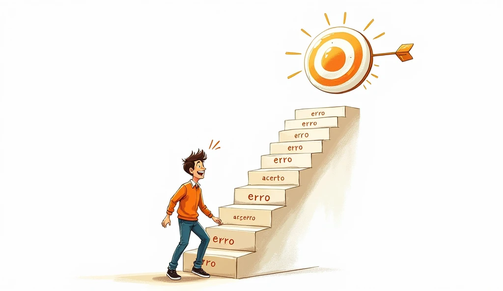Cheerful 27 year old man, climbing a staircase to the "target", on each step of the staircase is written "erro" and "acerto" in digital art, comic style, white background