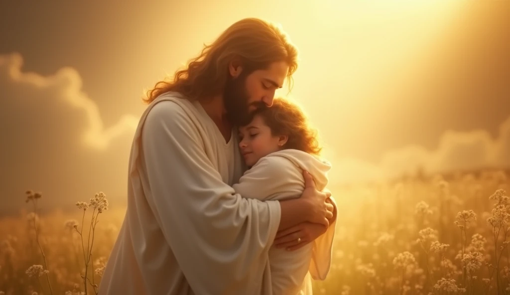 Create a tender and comforting image representing 'God walking and carrying a person in His arms and protecting them.' Visualize a serene scene where God is depicted as a loving and gentle figure, holding a person close in His arms, cradling them with care. The person should appear peaceful and safe, resting in God’s embrace, symbolizing complete trust and protection. God's figure could be radiant, surrounded by a soft, glowing light, emphasizing His divine presence and the warmth of His protection. The setting might include a peaceful landscape, like a meadow or a celestial backdrop, with light and warmth surrounding them. The overall atmosphere should evoke deep feelings of love, safety, and the unconditional care that comes from being in God’s protective embrace