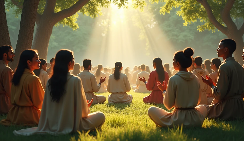 Create a realistic image that captures a diverse group of people in a serene setting, like a park or a quiet forest, seeking a deep relationship with God. People should be in different postures of prayer and reflection: some on their knees, others with their hands raised in worship and some reading the Bible in small groups. The setting must include natural elements, like soft light filtering through the trees, symbolizing the divine presence. Include diversity of ethnicities and ages, reflecting the universality of faith, and expressions of serenity and devotion on the faces of the participants.