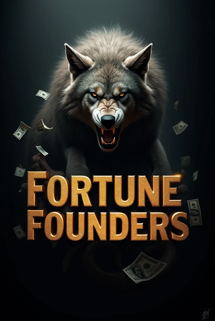 Create an image for a group called Fortune Founders, that the image has a black background and looks aggressive, and it is represented by an animal and the name of the group, and the letters look dark and aggressive, that there is money or gold
