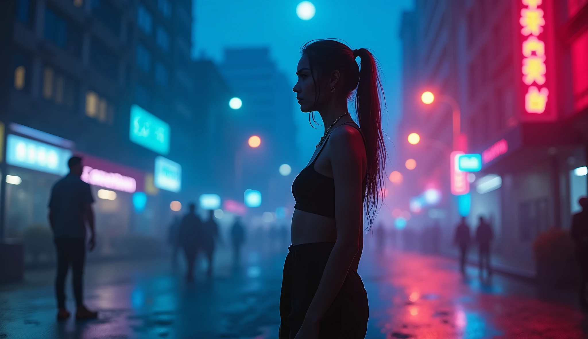 Create a realistic, atmospheric cover photo for a music video. The scene is a city at night with neon lights reflecting off wet streets, creating a dreamlike, moody ambiance. Include a beautiful girl standing or walking on the street, dressed in a stylish outfit that blends with the neon colors. She should have a contemplative or wistful expression, capturing the song’s dreamy and introspective vibe. Surround her with blurred city lights, a glowing moon, and silhouettes of buildings. Incorporate a mix of dark blues and purples with splashes of neon colors to evoke a shoegaze and synthwave aesthetic. Add subtle hints of abstract, ethereal shapes in the background to suggest movement and rhythm. The overall vibe should be both mysterious and captivating, with a balance of vibrant and shadowed elements