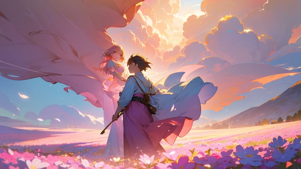 A 16-year-old boy walking towards the girl dressed in a flowing pink dress in a dreamy, heavenly scene. The surroundings are filled with soft clouds, vibrant flowers, and a warm, golden light. As the boy gets closer, the atmosphere becomes even more ethereal, with a sense of calm and connection between them growing stronger.