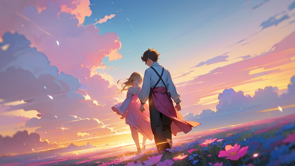 A -yeld boalking towards the girl dressed in a flowing pink dress in a dreamy, heavenly scene. The surroundings are filled with soft clouds, vibrant flowers, and a warm, golden light. As the boy gets closer, the atmosphere becomes even more ethereal, with a sense of calm and connection between them growing stronger.