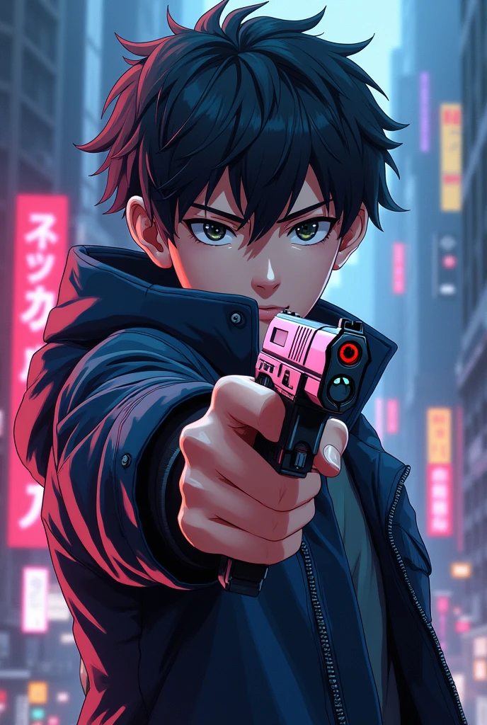An 18-year-old boy from Condename Anastasia with a gun in anime style