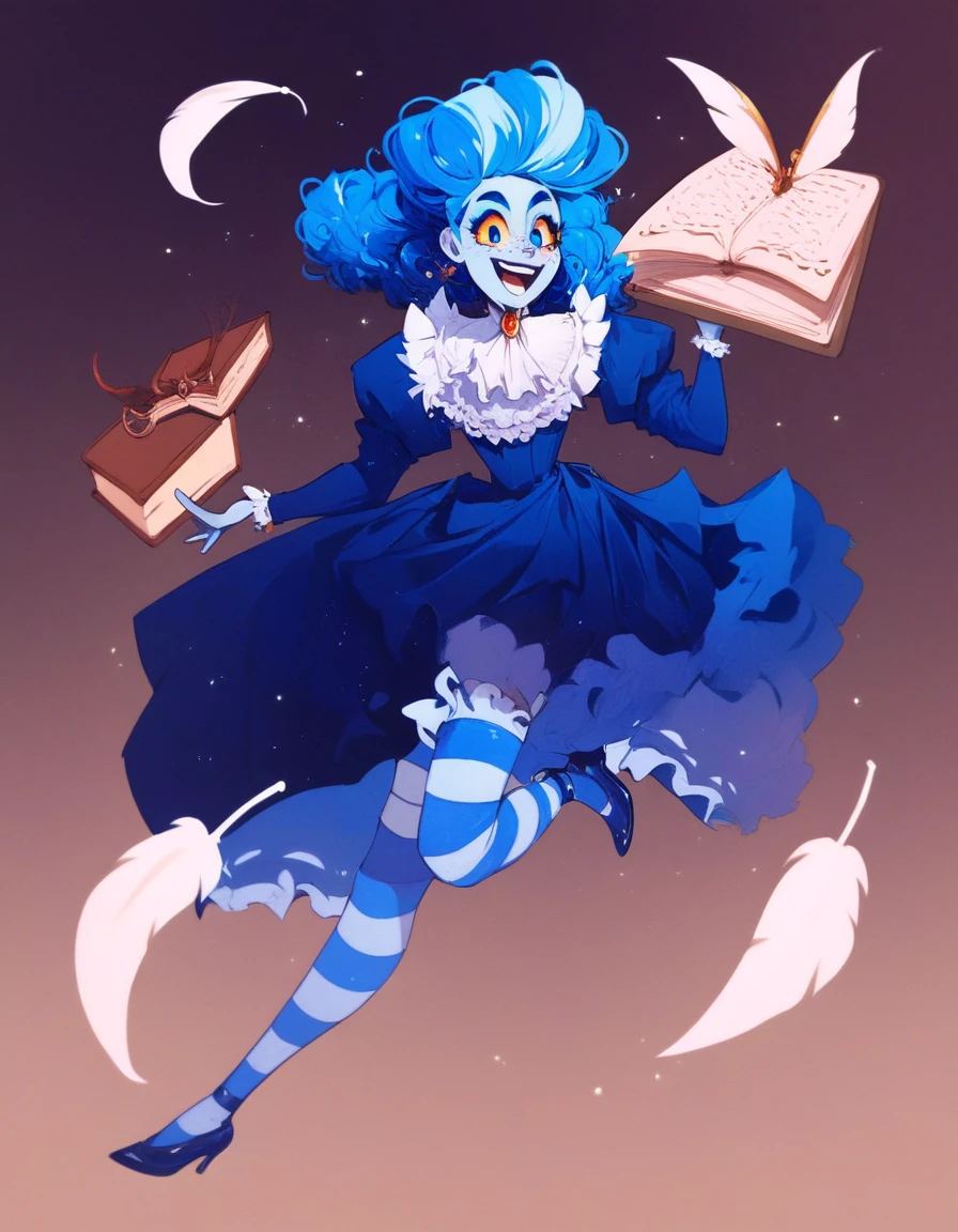 victorianstyle, frankelda, 1girl, solo, dress, striped, blue hair, puffy sleeves, high heels, colored skin, freckles, blue striped stockings, floating, evil laughing, look at viewer, book, book in one hand, other hand holding a white feather, glowing blue eyes, yellow sclera, study room, spiderweb rosette background, dark ambient, moonlight through rosette