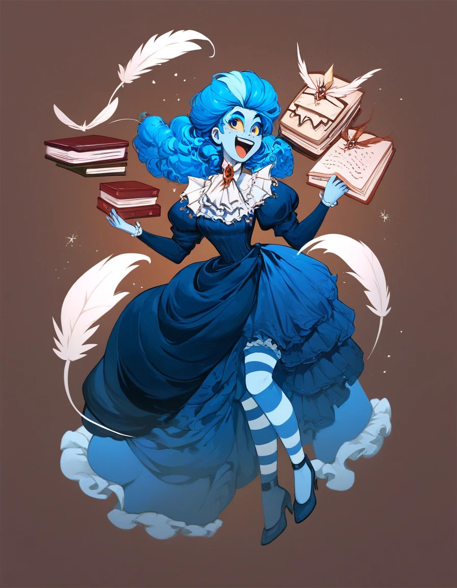 victorianstyle, frankelda, 1girl, solo, dress, striped, blue hair, puffy sleeves, high heels, colored skin, freckles, blue striped stockings, floating, evil laughing, look at viewer, book, book in one hand, other hand holding a white feather, glowing blue eyes, yellow sclera, study room, spiderweb rosette background, dark ambient, moonlight through rosette