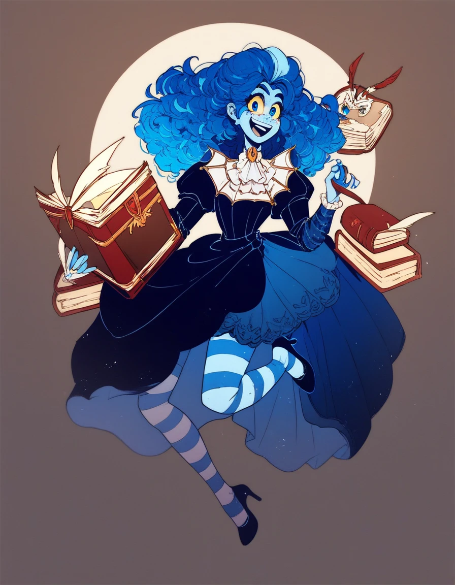 victorianstyle, frankelda, 1girl, solo, dress, striped, blue hair, puffy sleeves, high heels, colored skin, freckles, blue striped stockings, floating, evil laughing, look at viewer, book, book in one hand, other hand holding a white feather, glowing blue eyes, yellow sclera, study room, spiderweb rosette background, dark ambient, moonlight through rosette