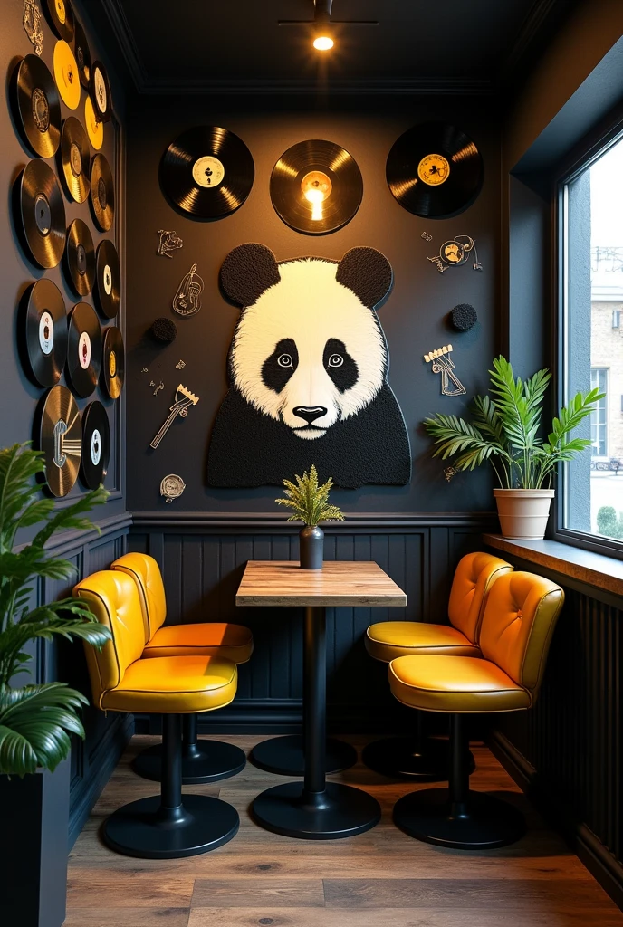 I need you to design me the image of a small coffee shop, of two tables, rock n roll style, pictures of pandas, with lots of decoration, original and creative. I need the decoration, simple but cozy. And the cafeteria must be in black, yellow lights. On the black walls I want vinyl and on one wall I want a big panda drawn on it.. 