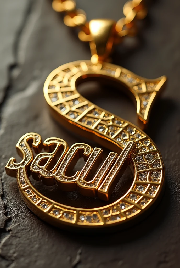 Create an image of a solid gold pendant with the surname "sacul" in stylized letters, inspirado en el logo de spider-Man. Typography should be bold and angular, with a 3D effect. The pendant should be adorned with small diamonds embedded in the "s" initial, simulating a spider web. The overall design should have a shiny, polished finish., with a Cuban style evoking crane chains and intricate details. Imagine a fusion between the Marvel universe and urban joy.