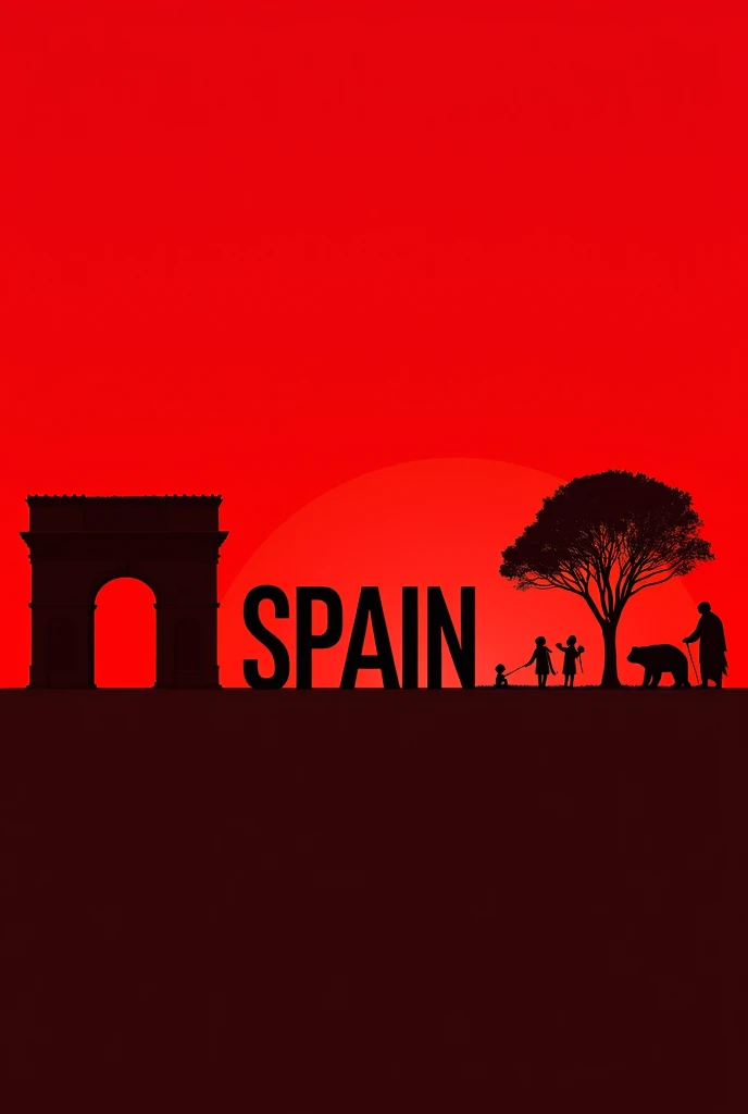 Create image on red background, with silhouettes of: Arch of Triumph, The Holy Family and the Bear and the Strawberry Tree. With the word Spain in black