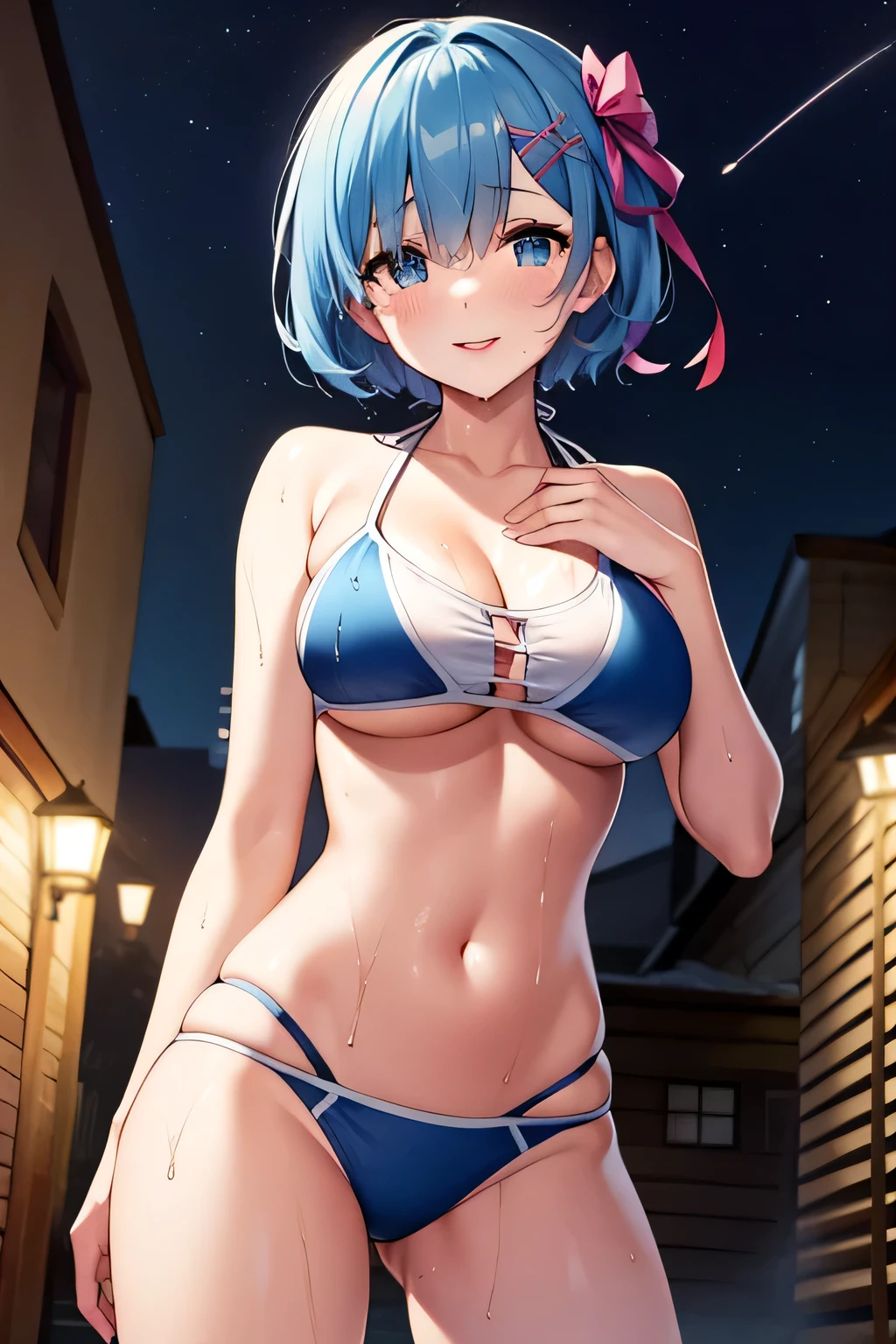 poor, short hair, x Hair accessories, Hair Ribbon, Hair on one eye, Large Breasts, Cleavage, (Low length:1.1),Cowboy Shot,(Wet Skin:1.3),
break
(software), Please place your hand on your chest, head tilt
break
little smile, Happy, (blush), (shut up.)
break
official art, masterpiece, Highest quality, Highest Resolution, 8k, Most detailed, perfect anatomy
break
Wild West, Western Towns, Dust, Night Sky, Highly detailed CG Unity 16K, Very beautiful 16K CG wallpaper,(sports bikini:1.5)
