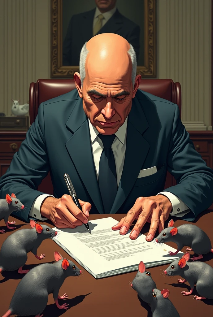 Create an image of Minister Alexandre de Moraes completely bald, signing documents while sitting and having lots of rats on the table