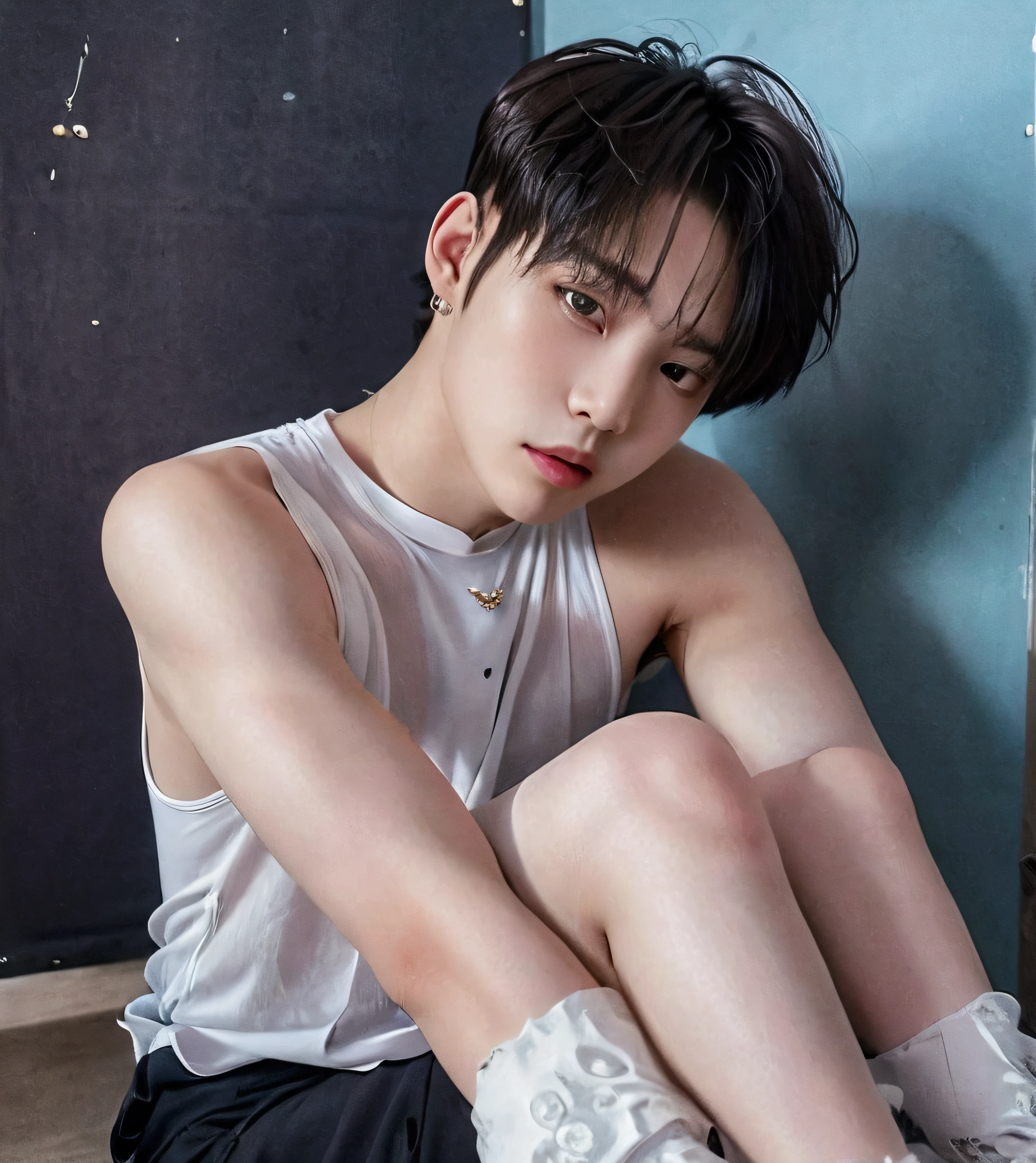 there is a young man sitting on a bed with a flower in his hair, kim doyoung, jimin bts, delicate androgynous prince, pretty, male ulzzang, jinyoung shin, park jimin, with short hair, cai xukun, boy has short black hair, hyung tae, 1 7 -  - old,ecius jimin bts, boy thin face, hong june hyung, beautiful androgynous prince, black haired yoongi