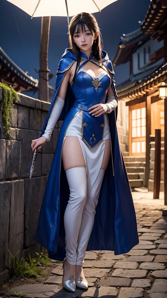 climbing a temple wall South korea women mystery hooded on with modern royal Blue coat with long and wide sleeves with buttons and royal Blue cape and very high white heel over the knee and white gloves, As she reveals a small secret hidden blade coming from his palm , adding to the character's mysterious and agile appearance, with small movements of air on the cape,, in summer at night under the rain,medieval south korea house. sophisticated and highly detailed, ultra hd, realistic, hyper detailed, enhanced colours, ultra sharp focus, with vibrant, rich in details High quality, gorgeous, captivating, 8k, super detailed, stunning shadows, detailed lines, just after to make a murder
