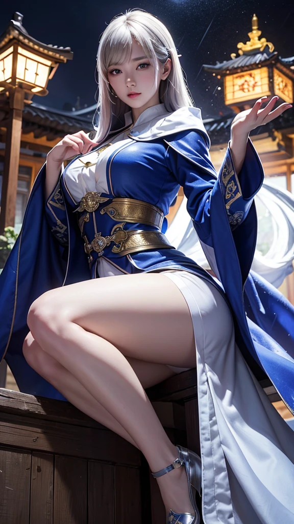 climbing a temple wall South korea women mystery hooded on with modern royal Blue coat with long and wide sleeves with buttons and royal Blue cape and very high white heel over the knee and white gloves, As she reveals a small secret hidden blade coming from his palm , adding to the character's mysterious and agile appearance, with small movements of air on the cape,, in summer at night under the rain,medieval south korea house. sophisticated and highly detailed, ultra hd, realistic, hyper detailed, enhanced colours, ultra sharp focus, with vibrant, rich in details High quality, gorgeous, captivating, 8k, super detailed, stunning shadows, detailed lines, just after to make a murder