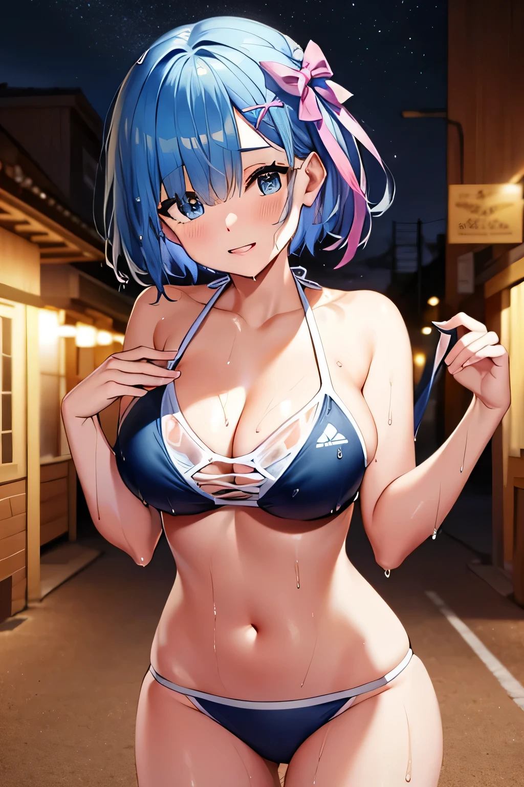 poor, short hair, x Hair accessories, Hair Ribbon, Hair on one eye, Large Breasts, Cleavage, (Low length:1.1),Cowboy Shot,(Wet Skin:1.3),
break 
(software), Please place your hand on your chest, head tilt
break
little smile, Happy, (blush), (shut up.)
break 
official art, masterpiece, Highest quality, Highest Resolution, 8k, Most detailed, perfect anatomy
break
Wild West, Western Towns, Dust, Night Sky, Highly detailed CG Unity 16K, Very beautiful 16K CG wallpaper,(sports bikini:1.5)